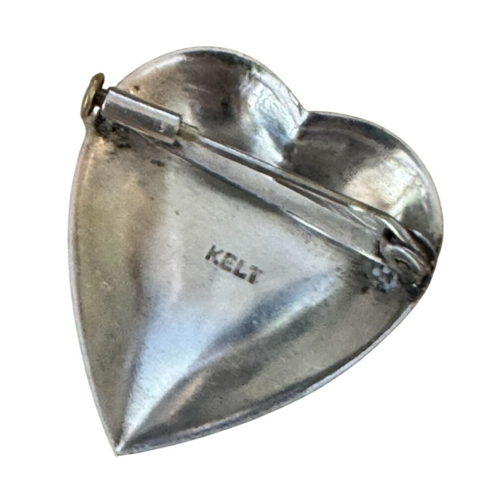 Vintage Kelt Sterling Silver Heart Brooch Floral Design France C1930s 1 1/8" - Picture 5 of 7
